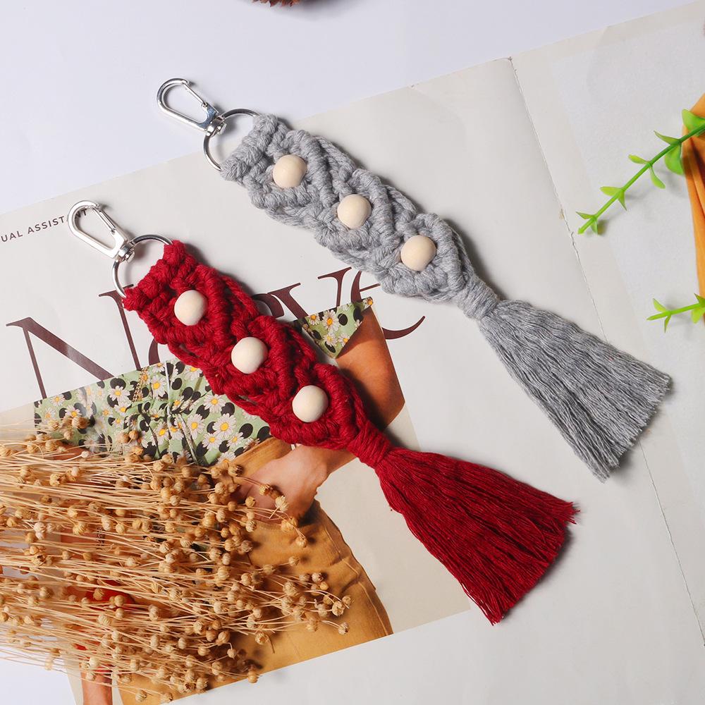 Nordic Minimalist Handmade Tassel Keychain with Woven Wood Beads and Cotton Rope