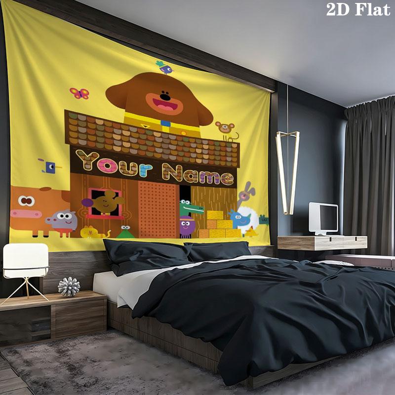 Hey Duggee Custom Name Wall Tapestry Aesthetic Wall Hanging Printed Fabric Blanket Decorative Tapestries for Bedroom Living Room Home Decor