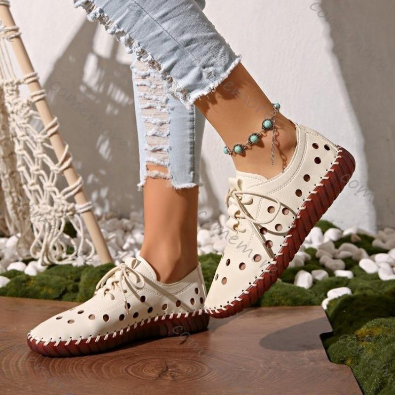 Comemore Spring Summer Women Flats Hollow Out Lace Up Hole Single Shoes for Women Casual Soft Leather Soft Sole Sneakers Shoes