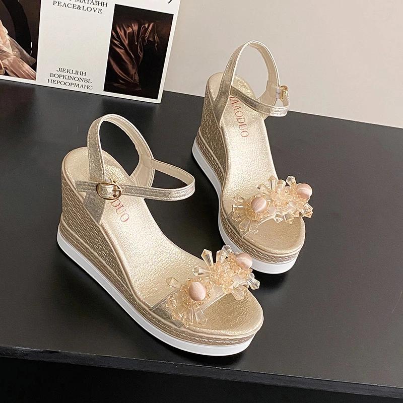 Módní dámské sandály 2025 Léto Nové Perlové Průhledné Kamínky Vysoké Podpatky Spona Módní Dámské Klínkové Sandály Dámské Plážové Boty