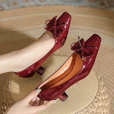 Red High Heels Stiletto Temperament Socialite Spring and Autumn Bow Square Head Single Shoes Middle Heel