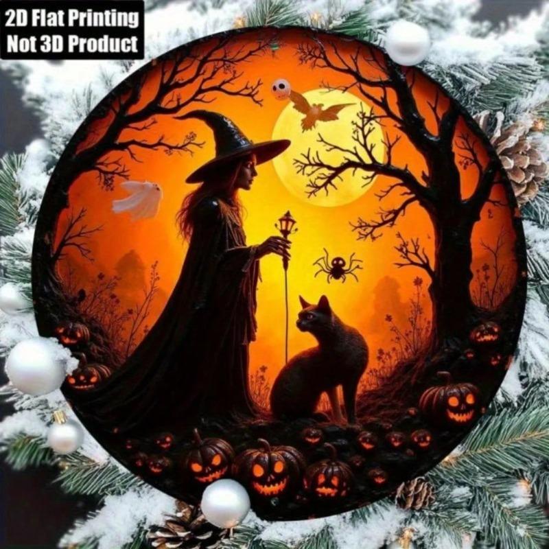 Décoration Murale Ronde en Aluminium Halloween Sorcière Chat Citrouille 20x20 cm pour la Maison