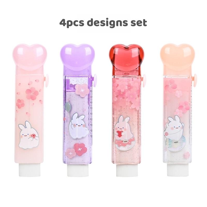 4pcs Retractable Pencil Erasers, BoYoYo Rabbit & Flower series Sliding Type, for Correcting Back to School Student Kids