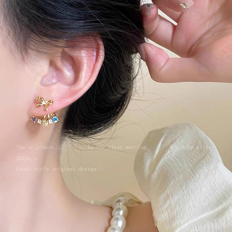 111 Silver Needle Color Zircon Bow Stud Earrings Women's S111 Silver Needle Temperament New Earrings High-end Earrings