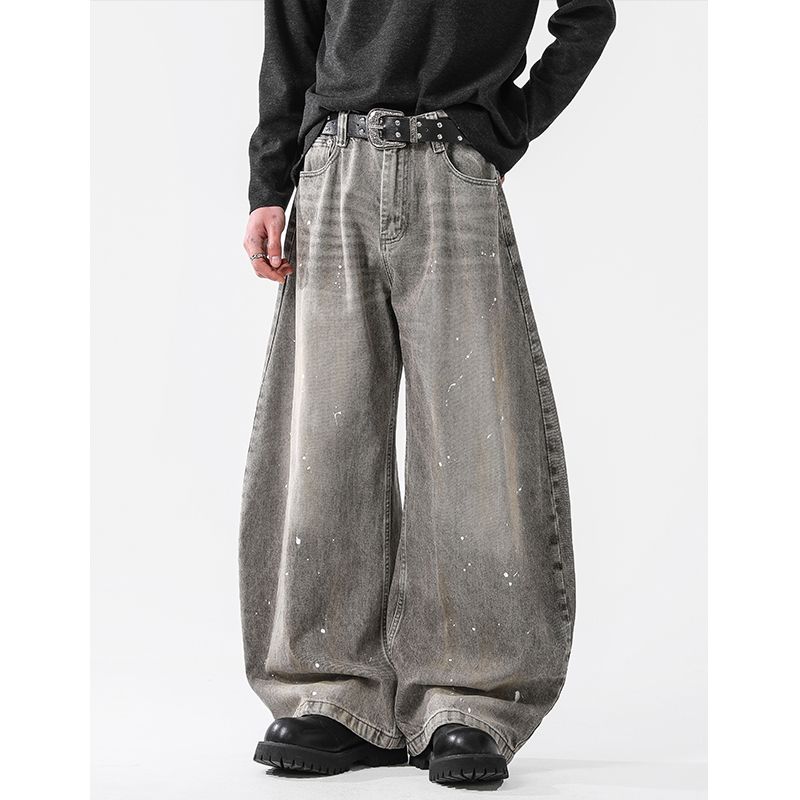 

Acrardic High Street American Splash Ink Machete Denim Men s and Women s Retro Cleanfit Washed Distressed Pants Fashion Gray 2XL