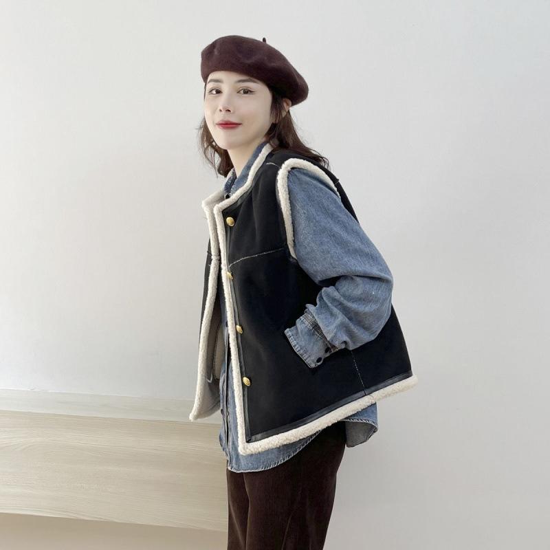 European Retro Round Neck Short Fur Integrated Autumn and Winter New Small Vest Jacket