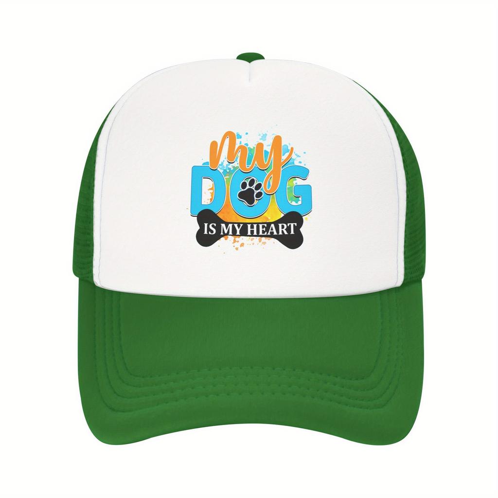 My Dog Is My Heart Paw Print Graphic Trucker Hat Polyester Breathable Casual Baseball Cap for Adults