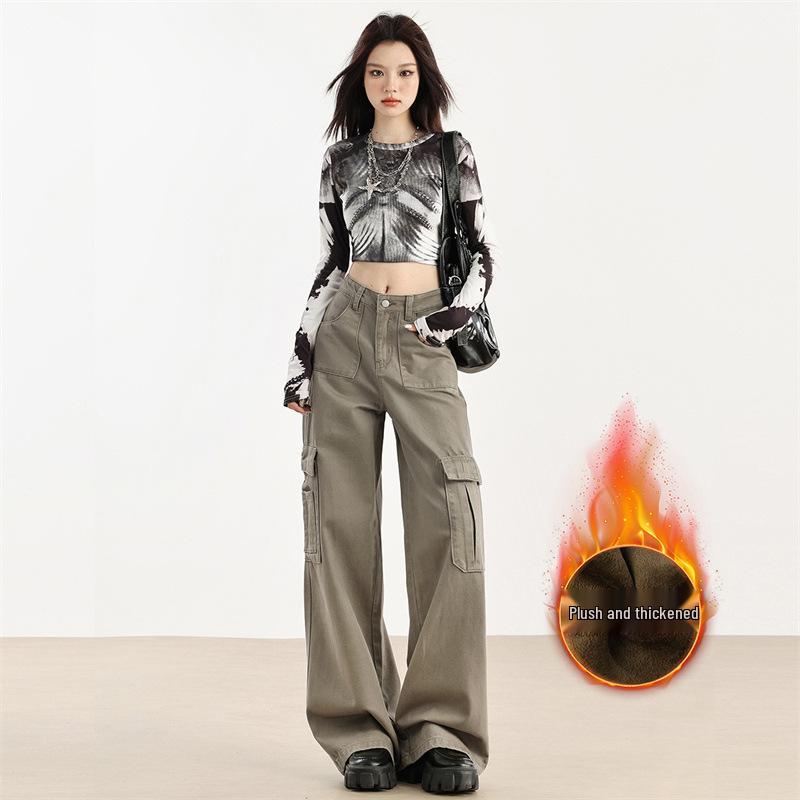 Women's High-Waist Fleece-Lined Wide-Leg Jeans, Retro Workwear Style for Autumn/Winter 2024
