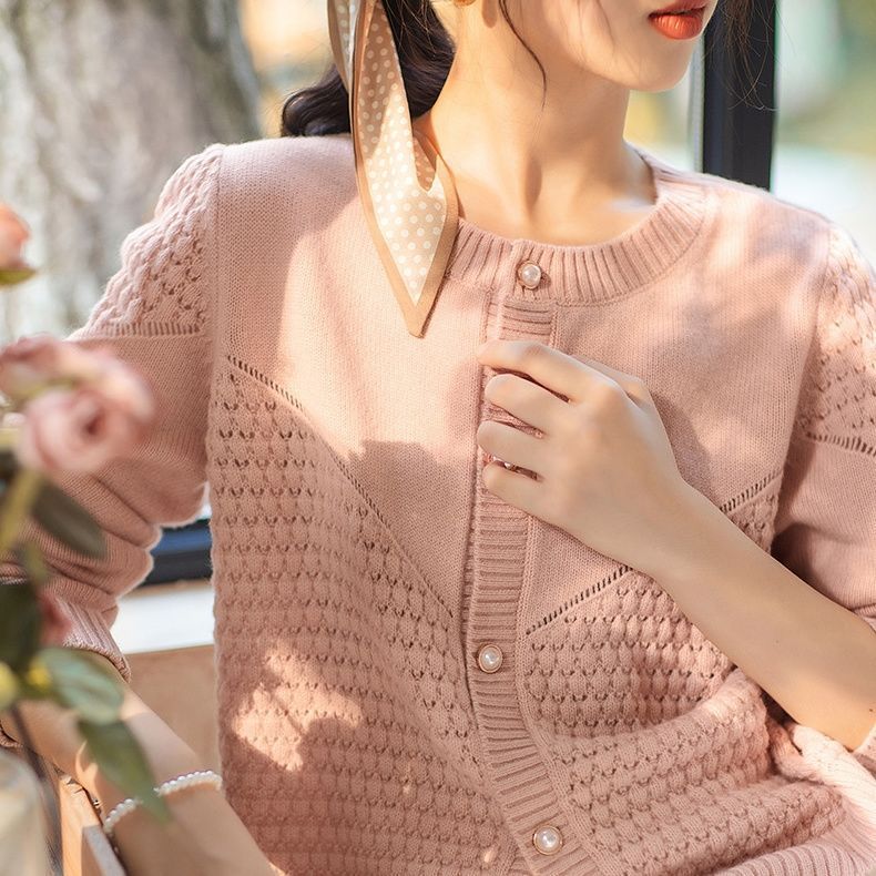 Women's Autumn Knitted Hollow-Out Jacket French Style Versatile Short Sweater Outer Wear Top