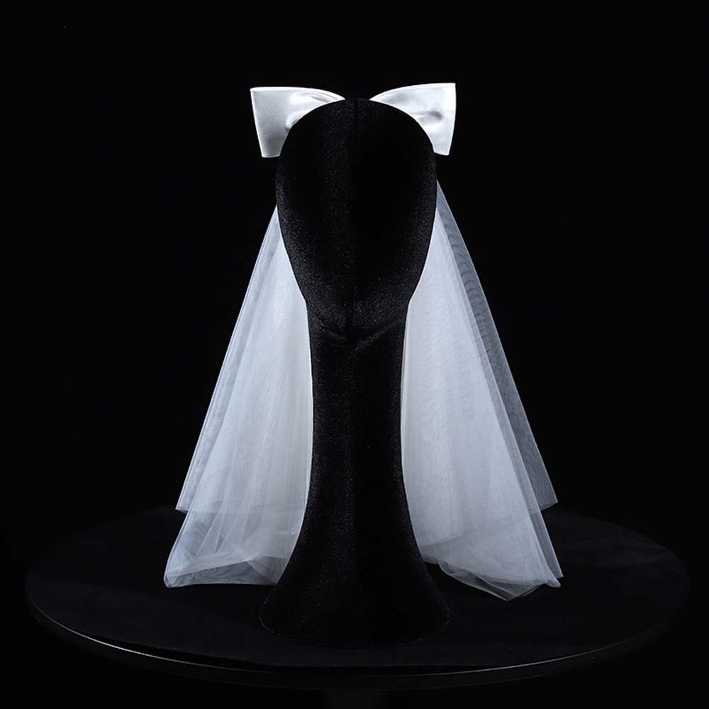Single Layer Bride's White Headgear Romantic Bridal Headdress Elegant Long Satin Bow Veil  Wedding