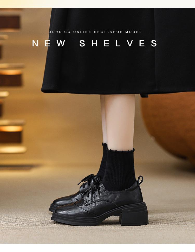 Damen Lammleder Retro Klobige Absatz Slipper mit dicken Sohlen und runder Zehenpartie, 2025 Schnürdesign, Britischer Stil.