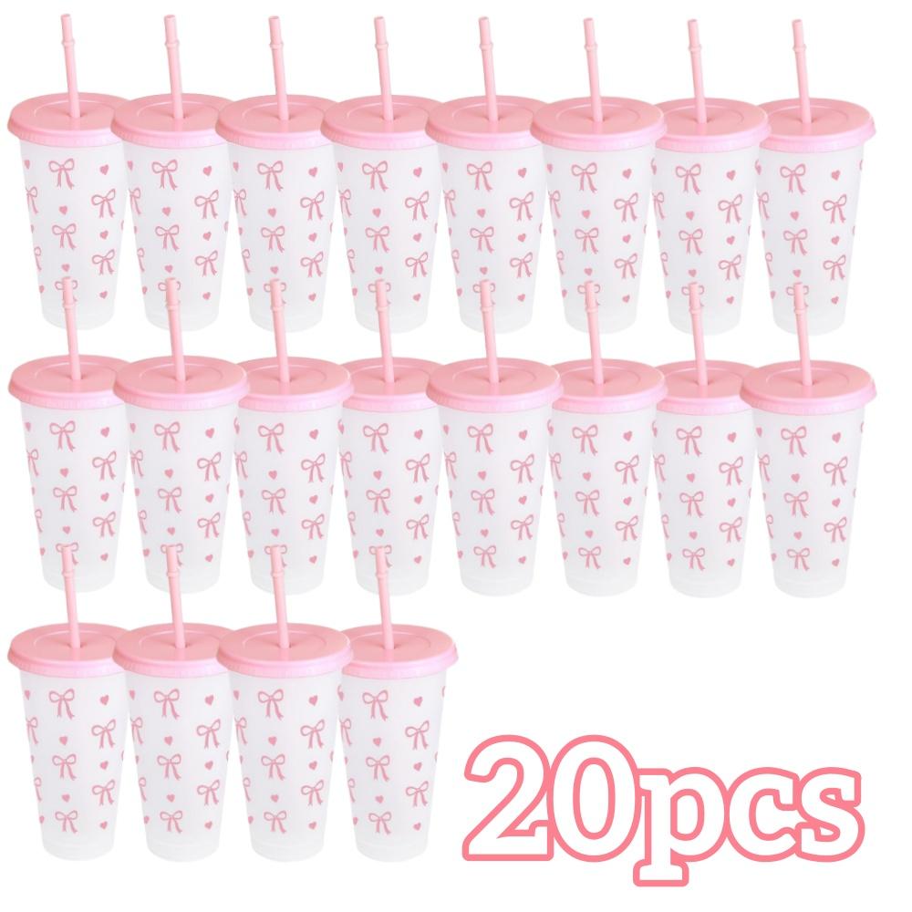 2/20pcs 24oz Reusable Party Cups with Straw & Lid Cute Bow Plastic Tumblers for Cold Drinks Home Office Outdoor Use Summer Gift