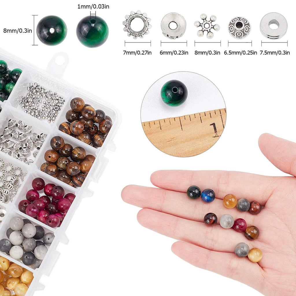 SUNNYCLUE 300 Kit 8mm Tigerauge Perlen Tigerauge Armband Chakra Armband Set Kraftperlen Heilperlen Energieperlen Reiki Armband Granitperlen Anhänger