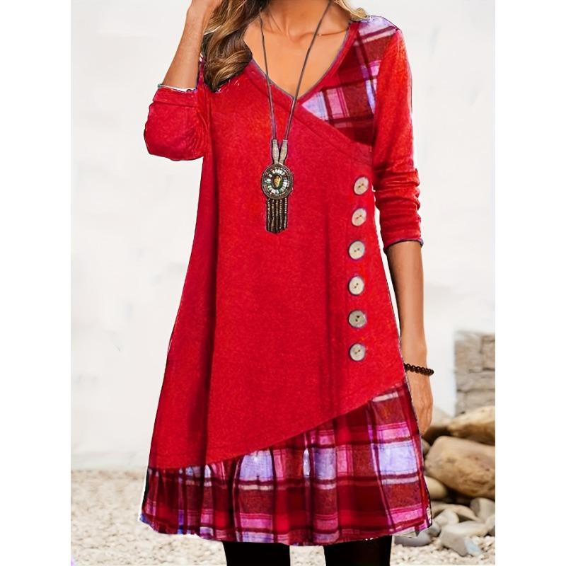 

Женское платье с длинным рукавом и V-образным вырезом, свободное, элегантное и удобное, женская длинная юбка в клетку, осень Z053 XXXL красный