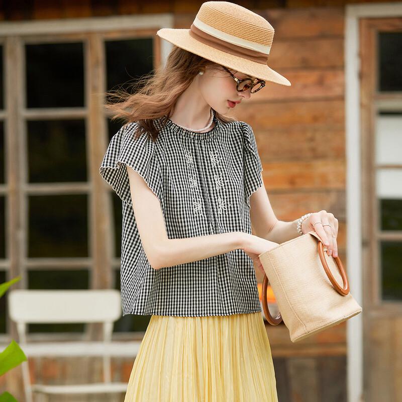 Women s Embroidered Plaid Puff Sleeve Pullover Blouse S