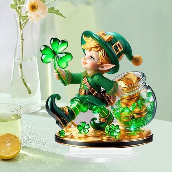 Yousheng 2Pcs Gnome Clover Ornaments, 2D Acrylic St. Patrick Day Ornament with Base, Shamrock Irish Table Centerpiece for Festive Holiday Desktop