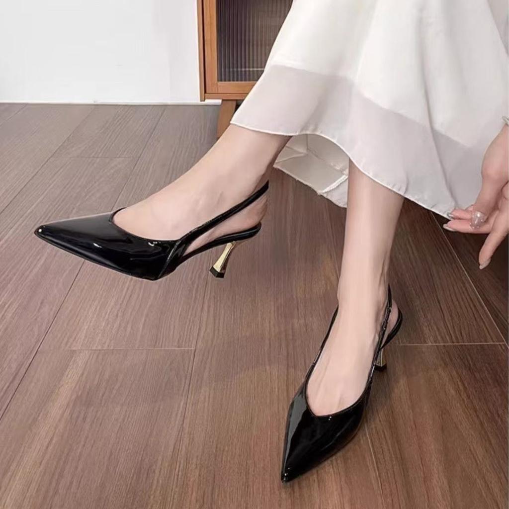 High-heeled baotou kitten heel temperament pointed head half-drag wear thin heel apricot single shoes French stunning sandals 2025 summer