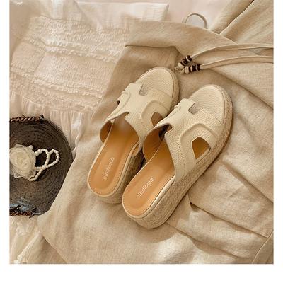 Cowhide Version~ Luce the Same Style~ Straw Muffin Shoes, Platform Sandals, High-heeled Sandals, Women's Summer Wear One-word Cool Slippers