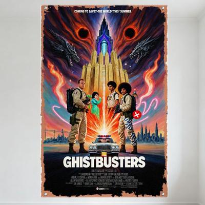 Ghostbusters Vintage Distressed Movie Poster Metal Tin Sign - Castle, Ecto-1, Ghost Creatures Wall Decor for Home/Bar/Cafe Man C