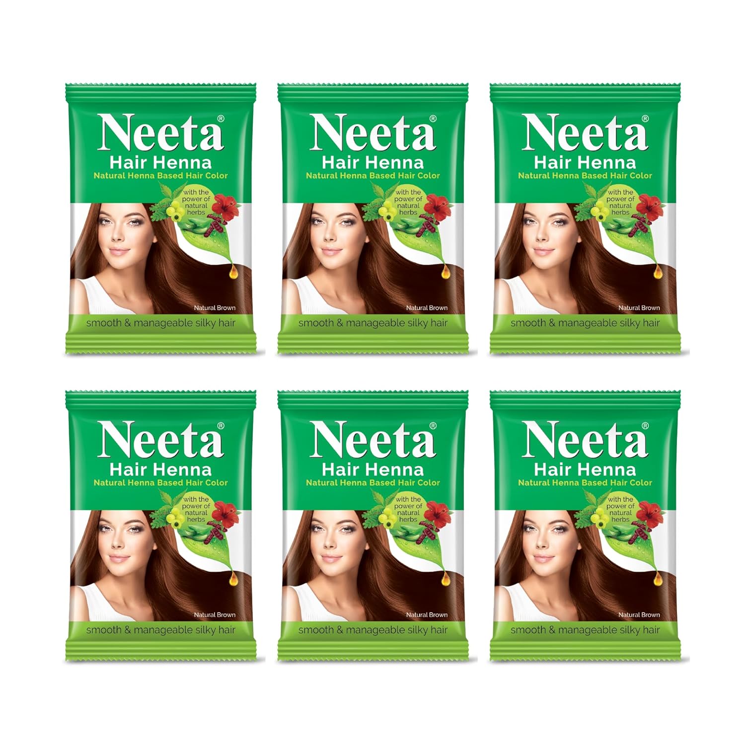 

Neeta Pure Henna Powder Hair Color Natural Brown for Women & Men 50g Each Pack of 6 Herbal Hair Dye