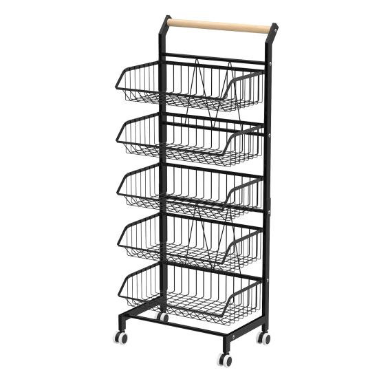 Fruit Vegetable Basket, 5-Tier Adjustable Rolling Pantry Kitchen Cart On Wheels, Metal Wire Storage Basket Cart for Fruit, Potato, Onion, Vegetable,