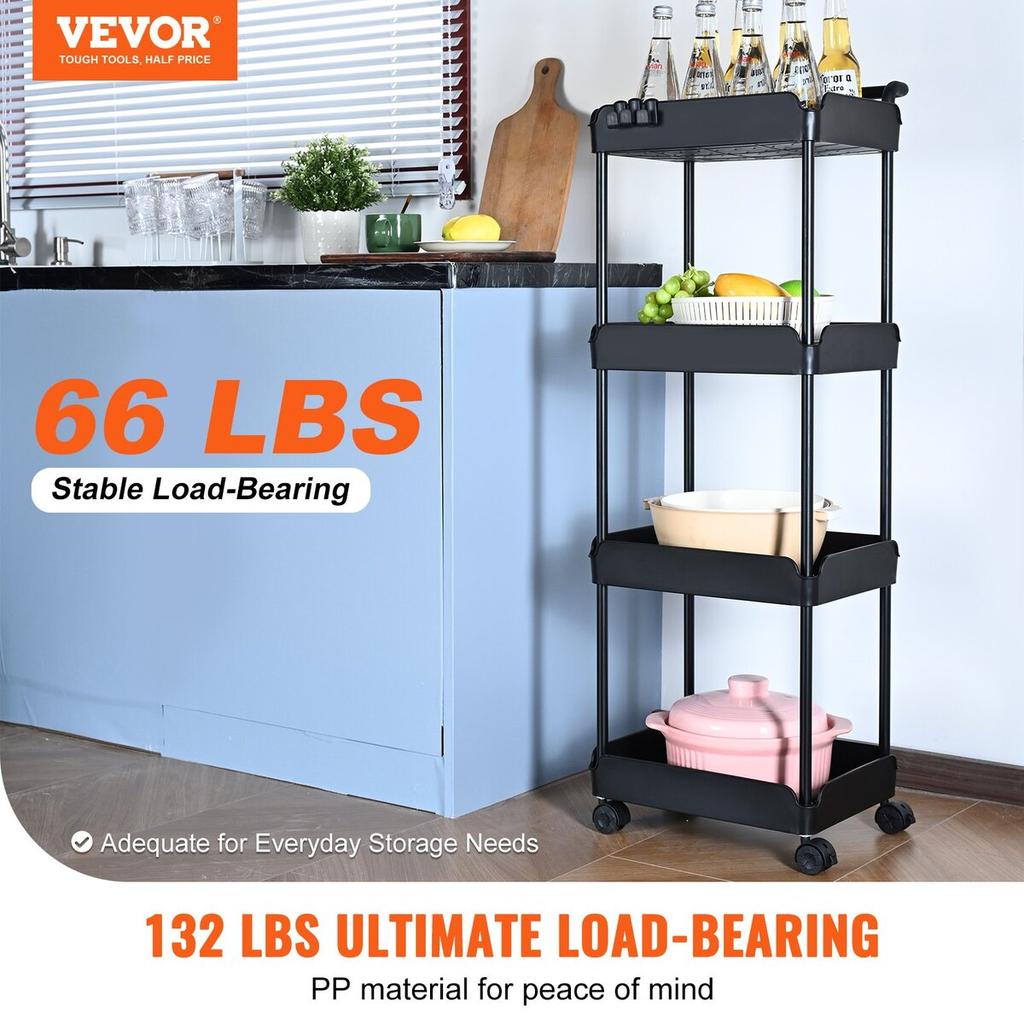 4-Tier Rolling Utility Cart, Kitchen Cart with Lockable Wheels, Multi-Functional Storage Trolley with Handle for Office, Living Room, Kitchen, Movable