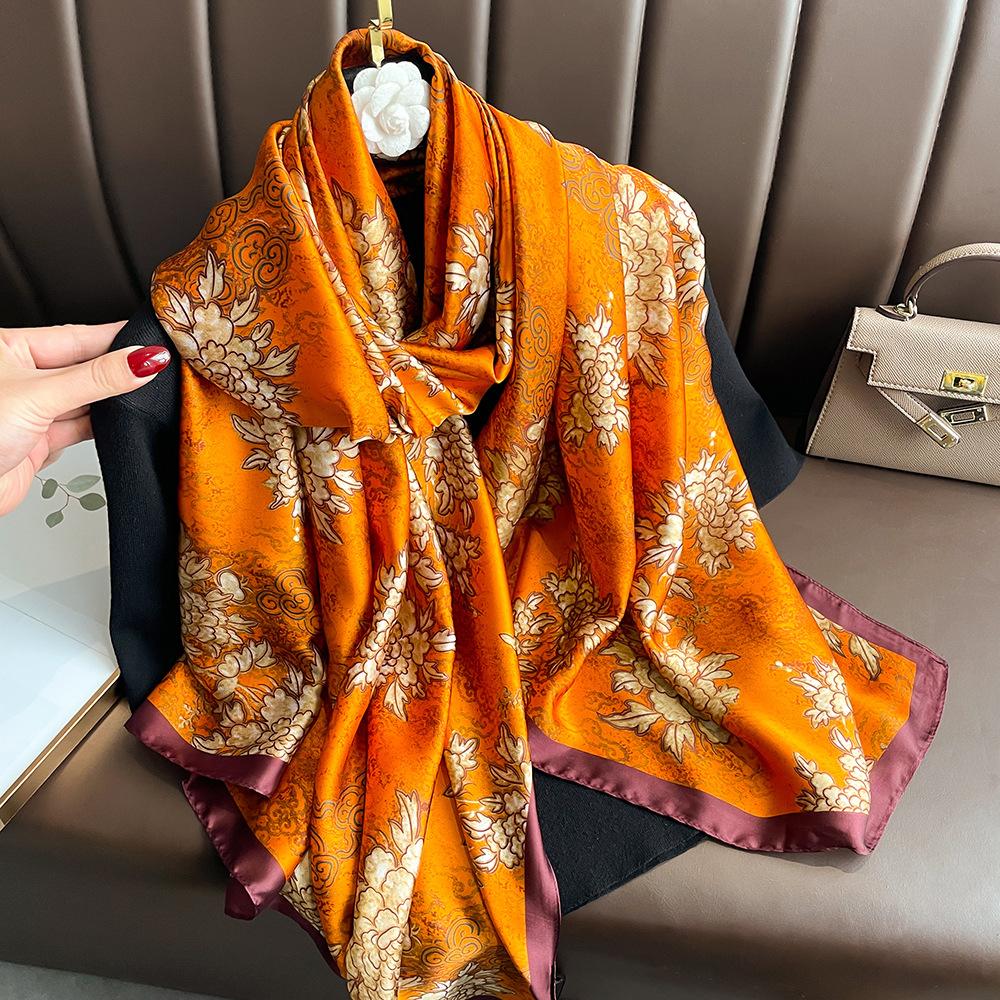 New silk scarf new silk satin printed shawl holiday fashion sunscreen long section simulation silk scarf