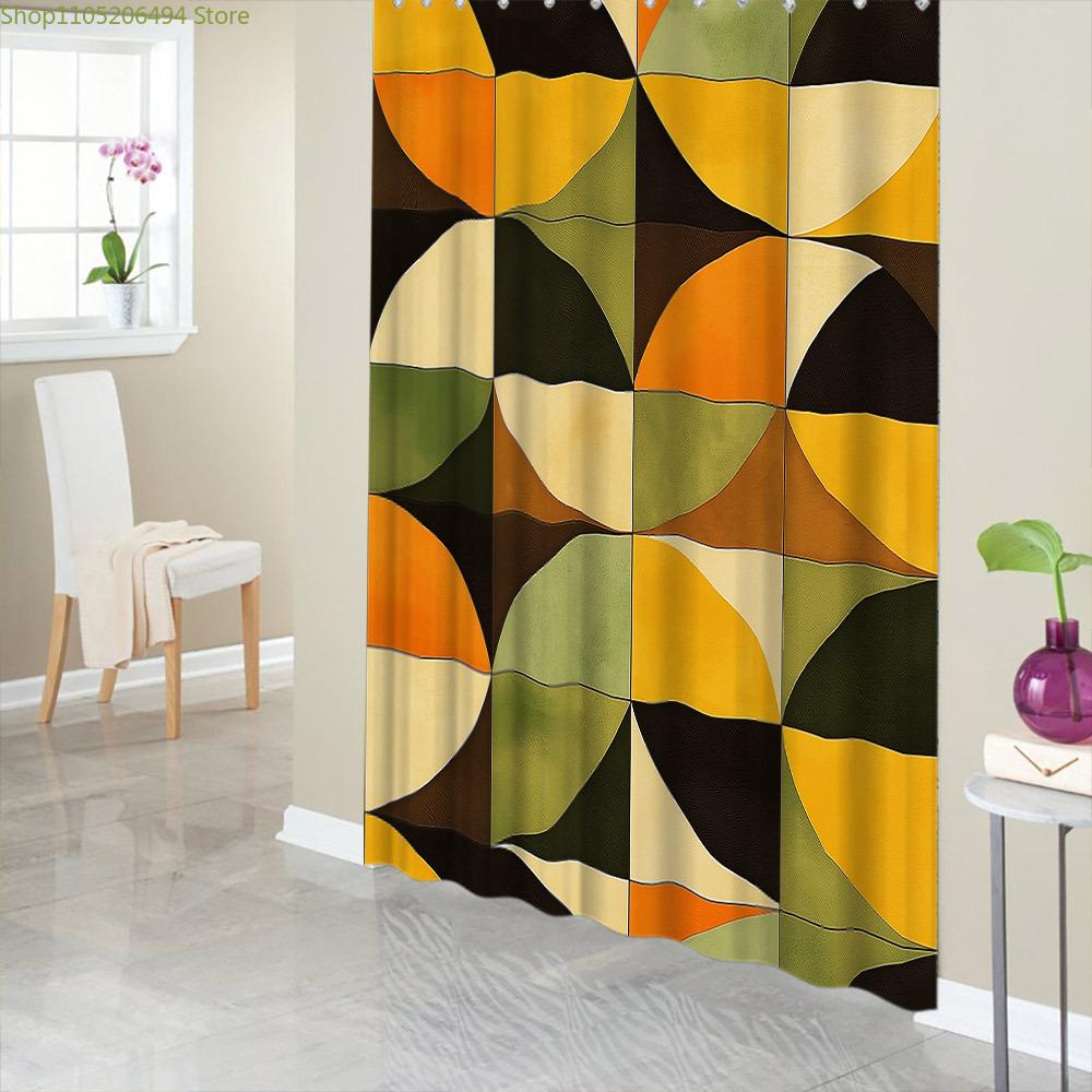 1pc Mid-Century Modern Geometric Shower Curtain - Abstract Interlocking Circles Design in Yellow, Green, Brown & Beige on Dark