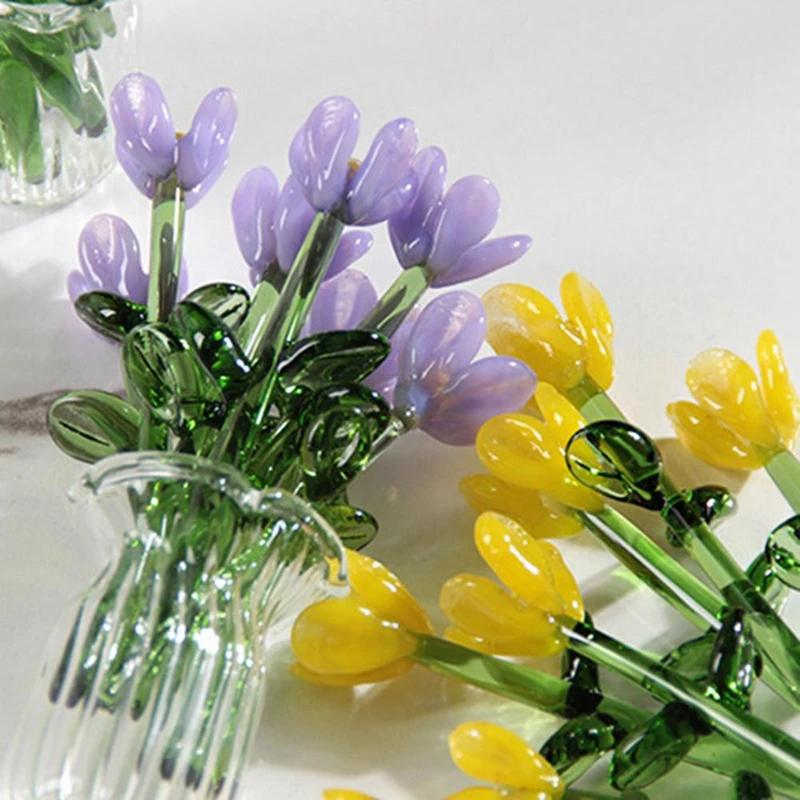 Glass Flower Bouquet with Vase Hand-Blown Mini Flower Decoration Home Living Room Handmade Simulation Floral Ornament with Stem