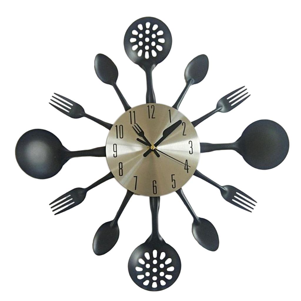 Wall Clock with 3, Fork, Cutlery Design , Black