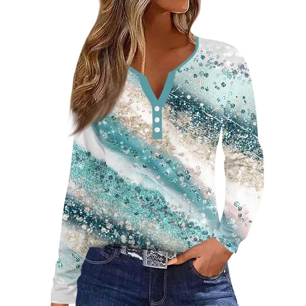 Women's Fashion Casual Printed V-Neck Long Sleeve Decorative Button T-Shirt Top