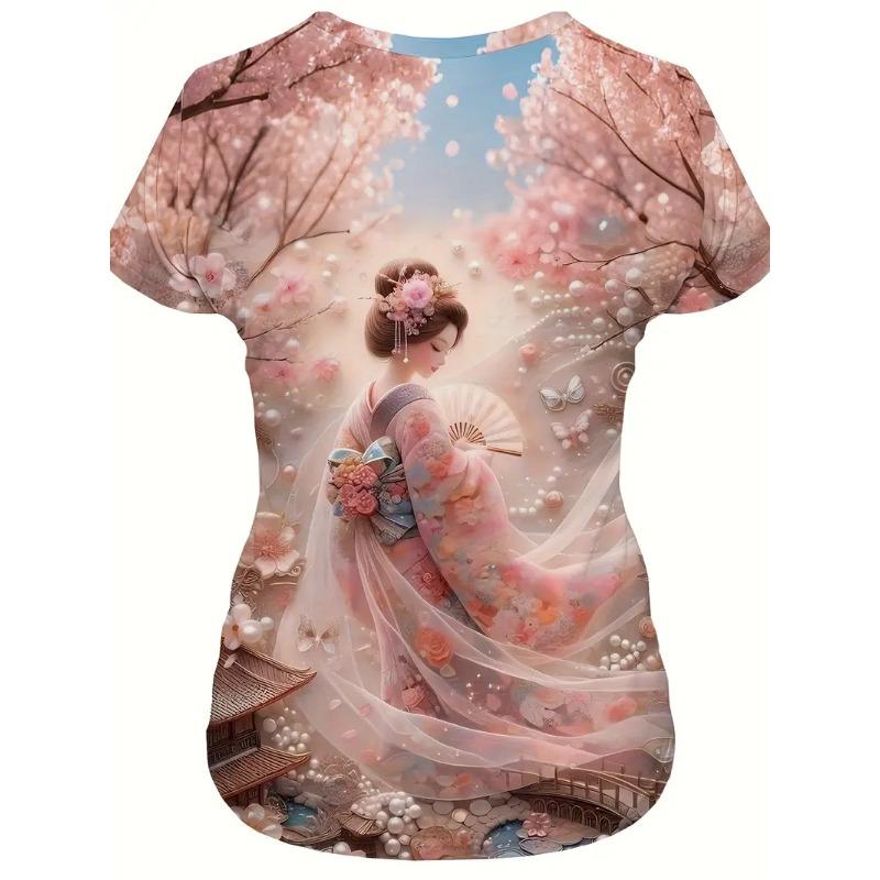 Japanese Style Cherry Blossom Girl Printed T-shirt Tees O Neck Loose Short Sleeve Blouse Female Fashion Animal Graphic Tops Harajuku Streetwear