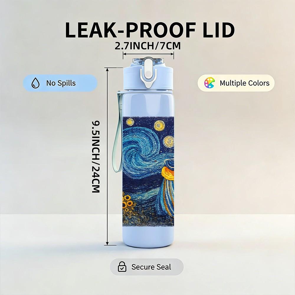 1PC Starry Night Van Gogh Famous Painting Print 750ml Color Plastic Sports Water Bottle Leakproof Flip Straw Lid Suitable for Sports Office Home Use