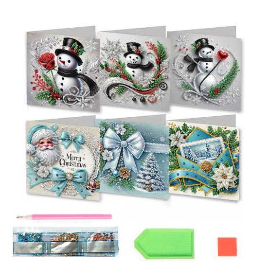 6 Pcs DIY Rhinestone Art Painting Cards Christmas Greeting Card Making Kit with Envelopes 5D Snowman Cat Deer Rhinestone