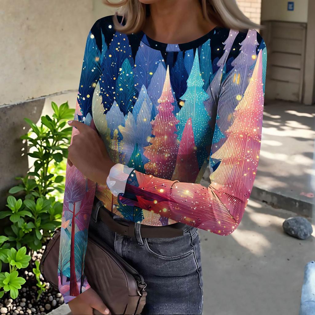 Women's  Slim Bottom T-shirt Fashion Casual Gradient Printing Round Neck Pullover Long Sleeve Top