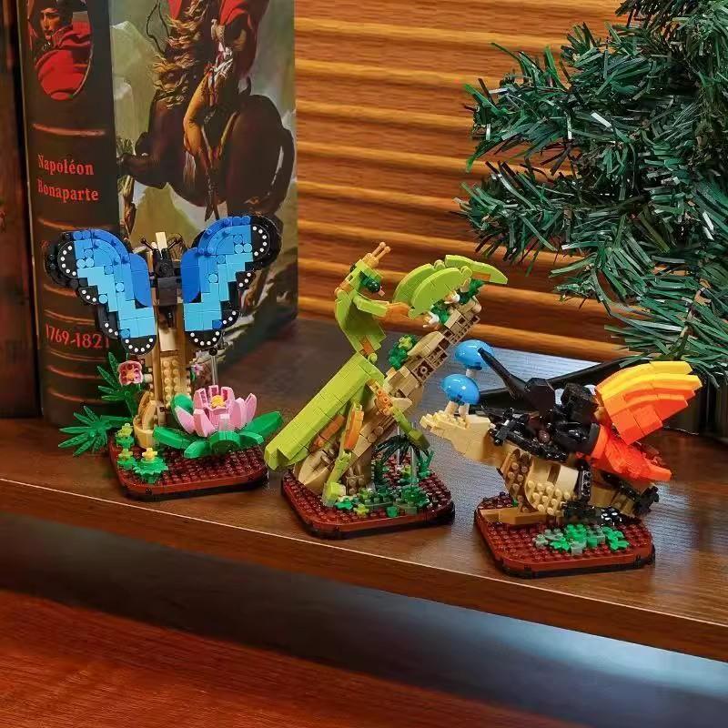 Micro Building Blocks Insect Butterfly Mantis Beetle Unicorn Fairy Model Collection Creative Assembly Toys Student Festival Gift