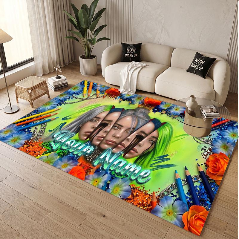 Custom Name Crystal Velvet Rug,Billie Eilish Comfortable Anti Slip Floor Mat For Room Decoration