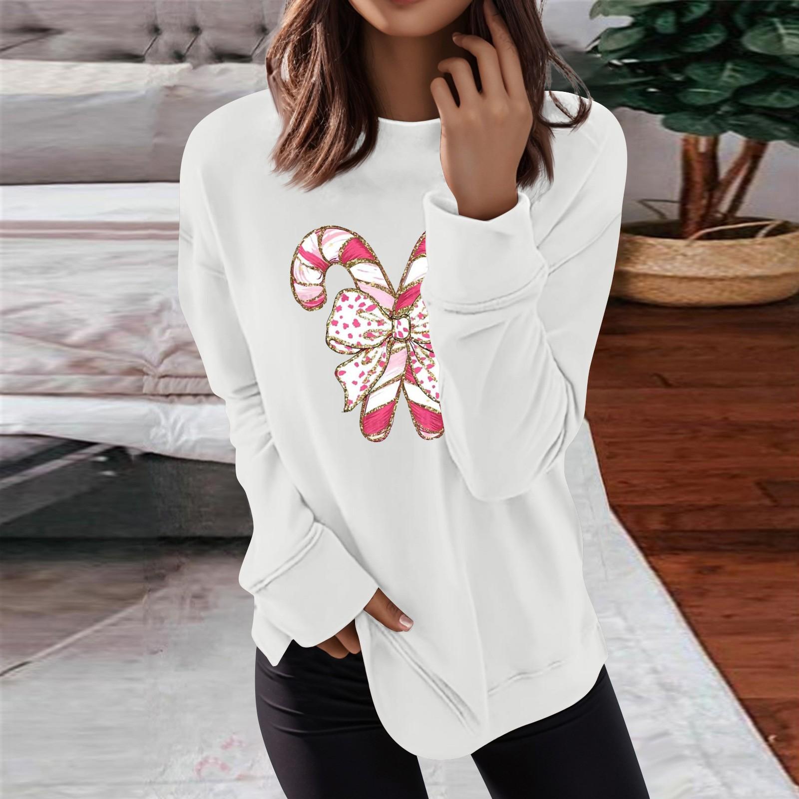 

Женская мода повседневная рождественская бантовая печать круглый вырез длинный рукав топ XL белый