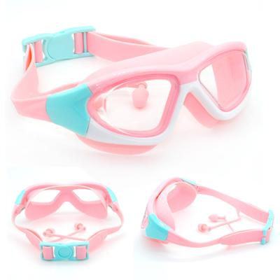 Gafas de natación para niños de alta definición, impermeables y antivaho, con montura grande, cómodas gafas con tapones para los oídos de silicona conectados