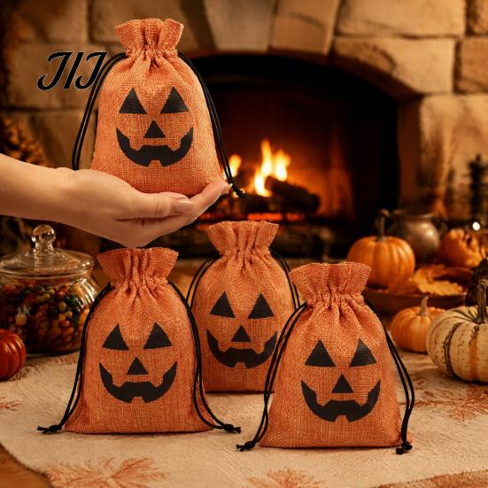 Bulk Candy Containers 5Pcs Halloween Burlap Drawstring Bags, Treat Pouch for Party Favor, Rustic Favors Goodie Trick or Reusable Gift Packaging Sacks