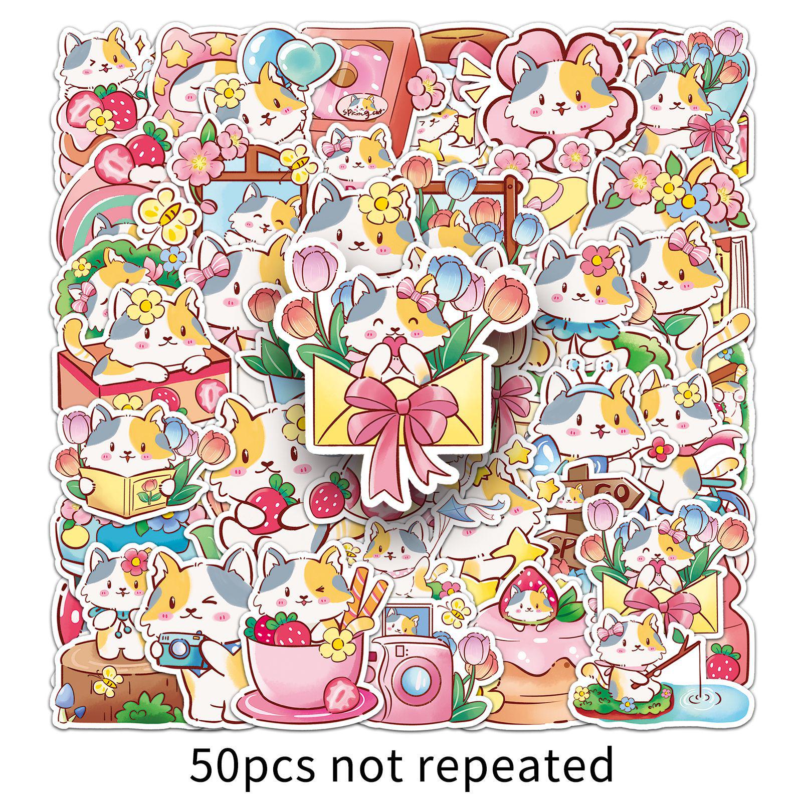 50 Waterproof Spring Kitten Stickers - Cute Cartoon Animals, Decorative Mochi Stickers, Glue Drip Resistant, Pack of 50 Sheets