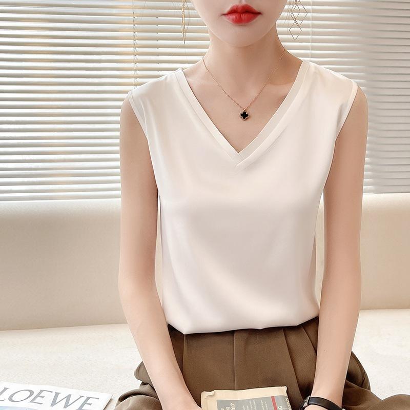 VEZFAA Mode Femme Décontracté Couleur Unie Imprimé Été Printemps Sans Manches Col V Blouses & Chemises