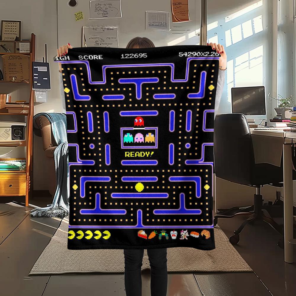 1 Stück Pacman-Print Flanelldecke, Hohe Qualität, Bequem für alle Jahreszeiten, Heimdekoration, Wärme und Komfort, Perfekt für Geschenke
