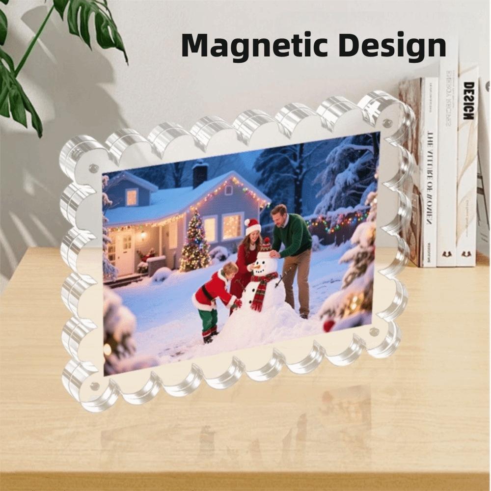 Sleek Scalloped Design Magnetic Photo Frame Transparent Freestanding Design Scalloped Glass Frames Thicken Acrylic Photo Frame