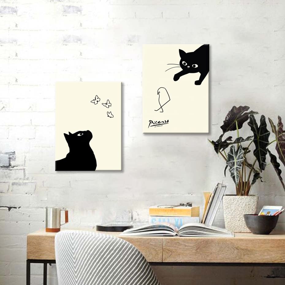 Picasso Katzen- und Kükenbilder, Set of 2, Kunsttafel, Katze fängt einen Vogel, Kunsttafel, Kunstrahmen, Modernes Poster, Dekoratives Gemälde, Leinwand, Dekorativ