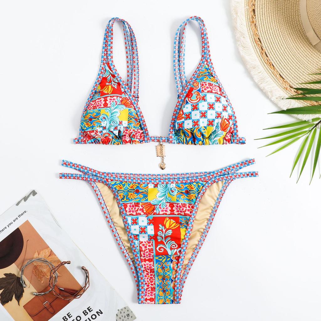 Damenmode Bikini-Set Bunter Blumendruck Zweiteiliger Badeanzug Sommer Strandbekleidung