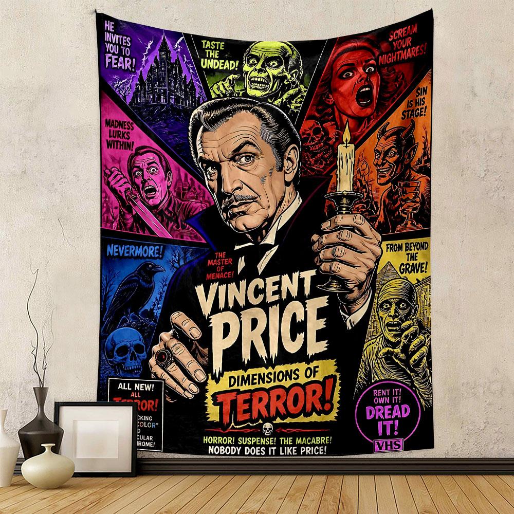 Vincent Price Horror Tapestry Wall Hanging, Terror Macabre Legend Art, Retro Halloween Wall Decor for Bedroom Man Cave