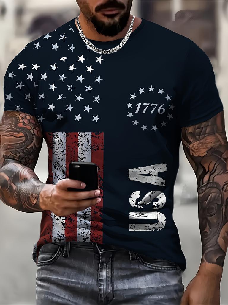 VintageT-Shirt dla mężczyzn American Flag Graphic T Shirts 1776 Print Tees Koszulki z krótkim rękawem Outdoor Oversized Men's Clothing Top