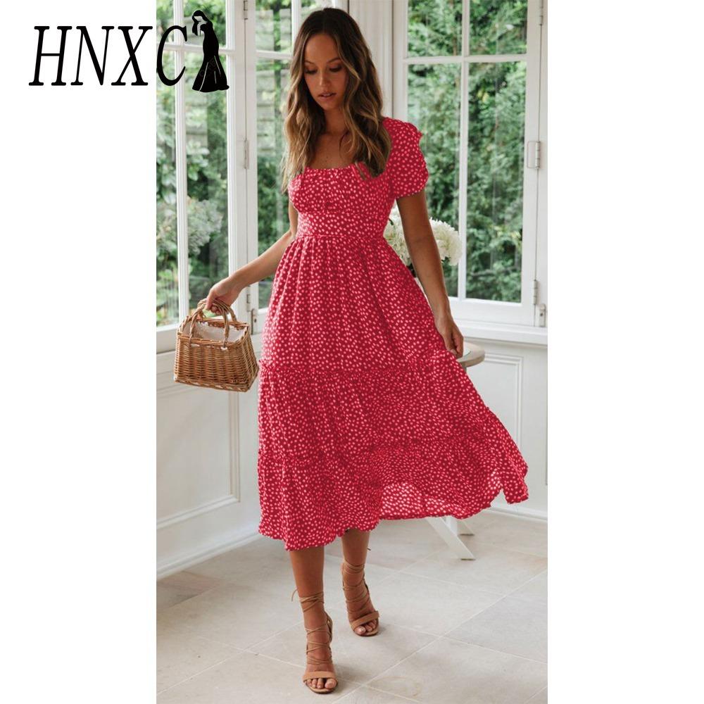 HNXC Summer Love Polka Dot Dress Women Casual A-Line Short Sleeve Square Collar Ruffle Midi Dress Chiffon Red Black Blue Green