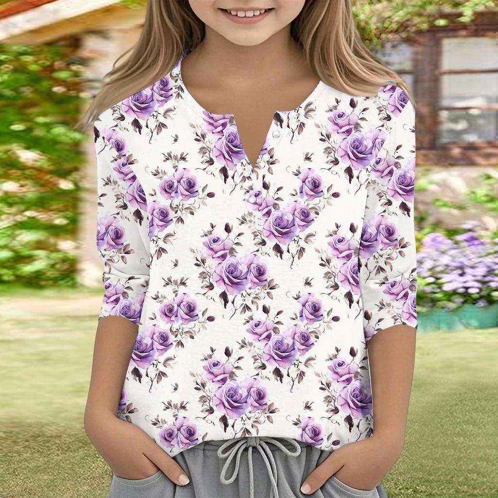 Print Tops For Youth Girls V Neck Button 3/4 Sleeves T-Shirts Trendy Tops Outfit Tees